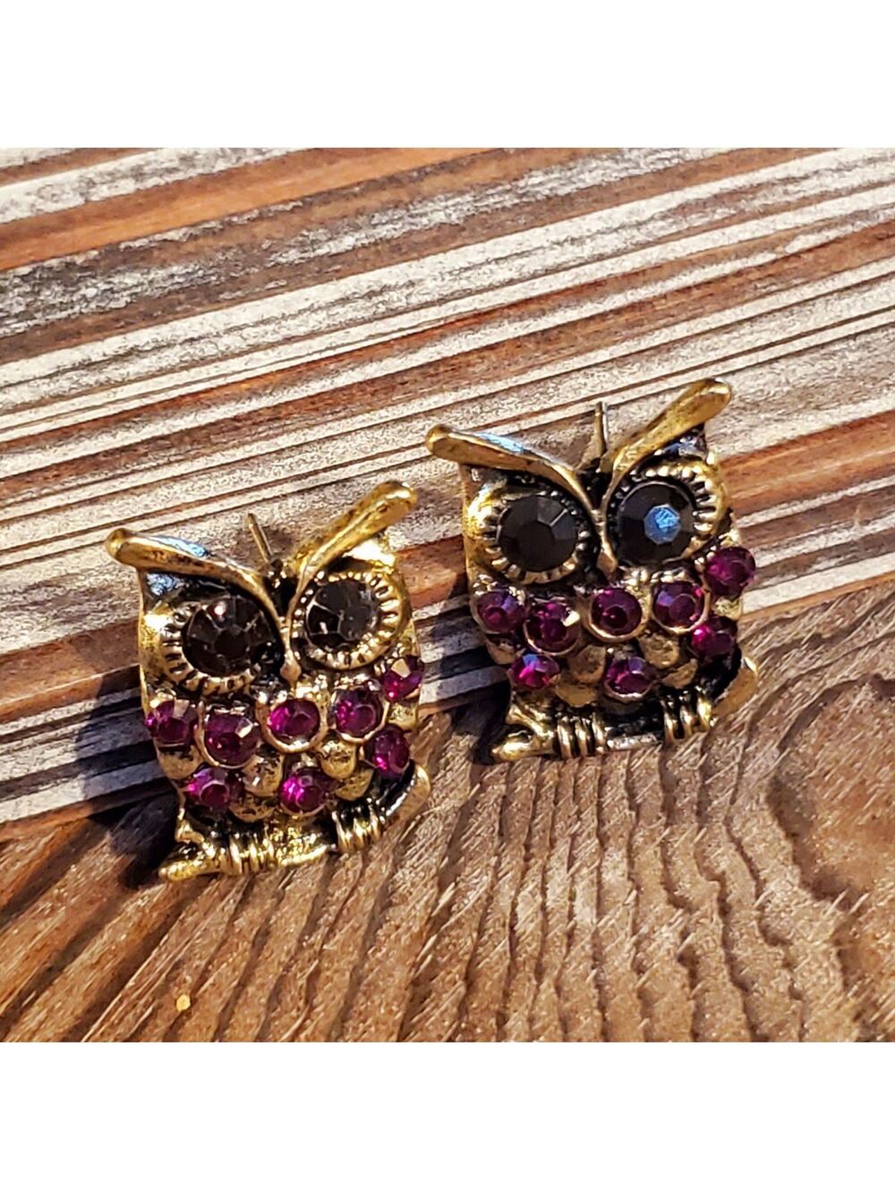 Surprised Owl Bronze Vintage 90s Y2K New Crystal Stud Earrings Purple